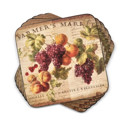 Pimpernel Abundant Fall Coasters Set of 6 - Cork Drink Coasters with Fruit Design for Autumn Entertaining, Heat-Resistant