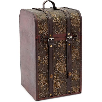 Okuna Outpost Wooden 4 Bottles Travel Wine for Storage Storage Bar Accessory, Flower Pattern, 8 x 8.5 x 13.8 in.