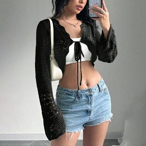 Women's Crochet Cropped Cardigan, V Neck Tie Front Bell Sleeve