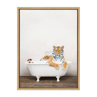 Natural Framed Bengal Tiger in Bathtub Canvas Print, 18" x 24"