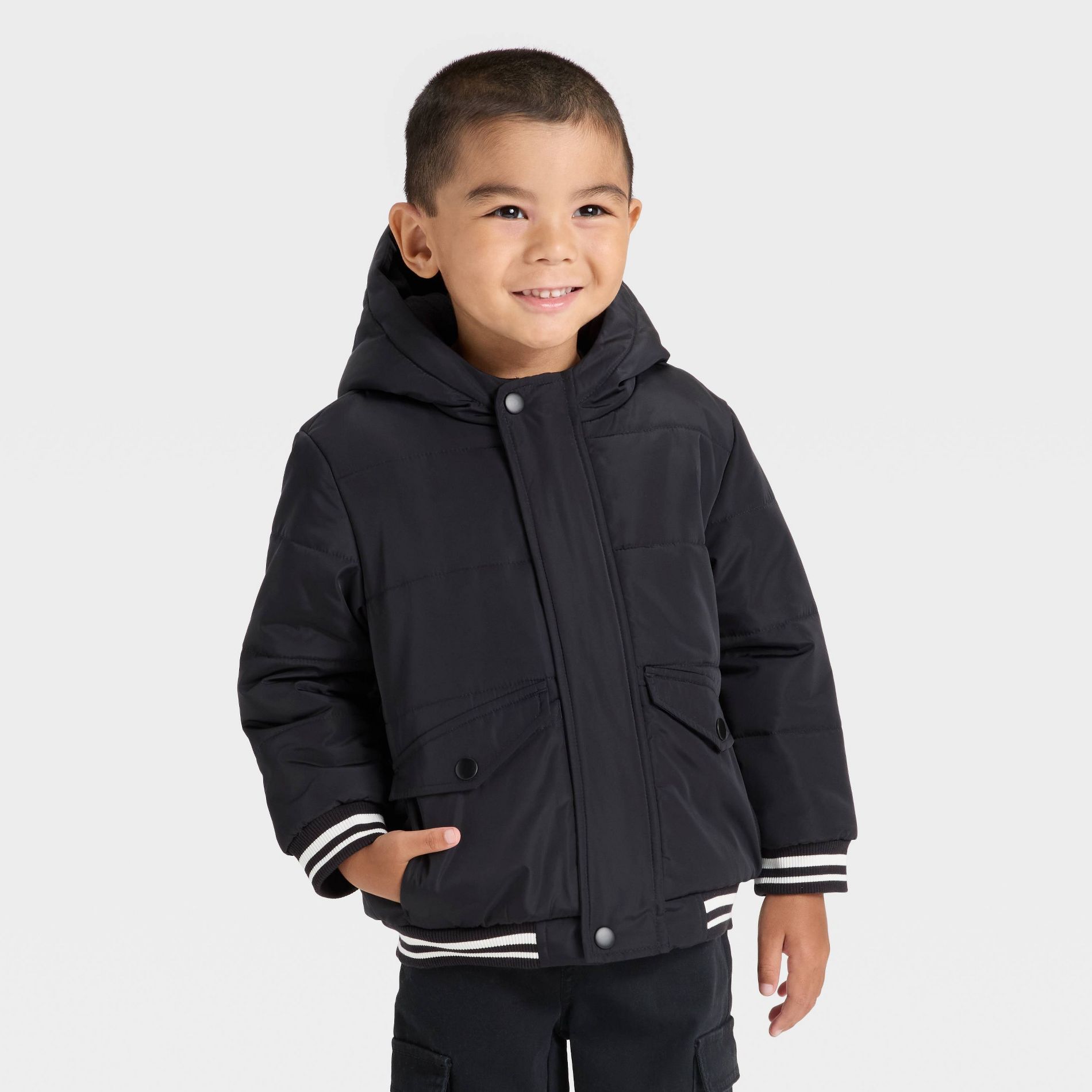 Toddler Boys' Varsity Striped Heavyweight Puffer Jacket - Cat & Jack™ Black