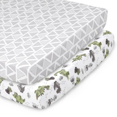 The Peanutshell Fitted Playard Sheets - Camo Dinosaur and Geometric Print - 2pk
