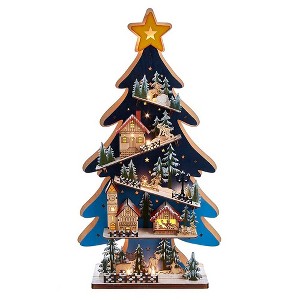 Kurt Adler 23.6-Inch Battery-Operated Light Up Wooden Christmas Tree with Village Scene - 1 of 4
