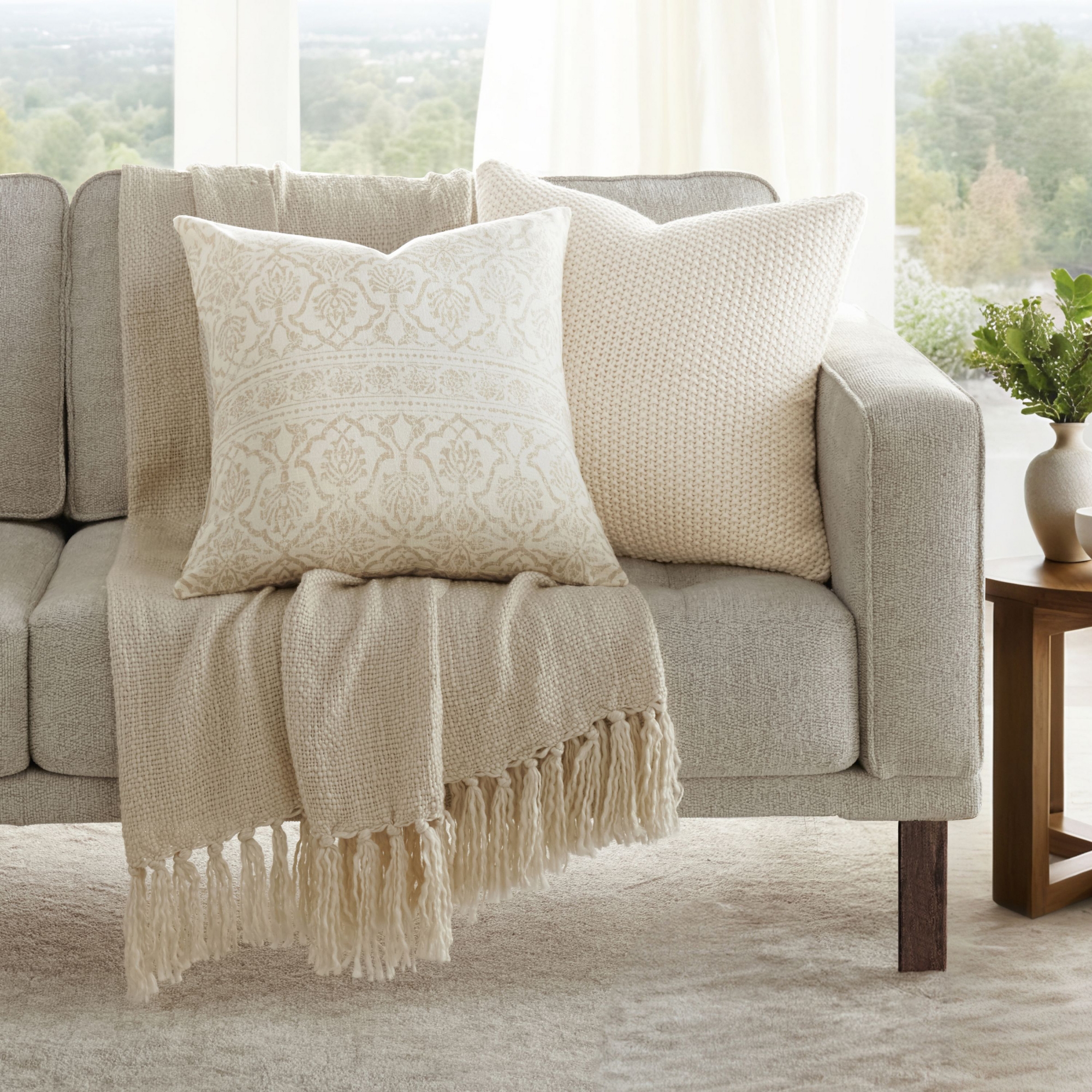 2-Pack Natural Throw Pillows Seed Stitch Knit with Cotton Patterns in Antique Floral - Becky Cameron, Natural, 20 x 20