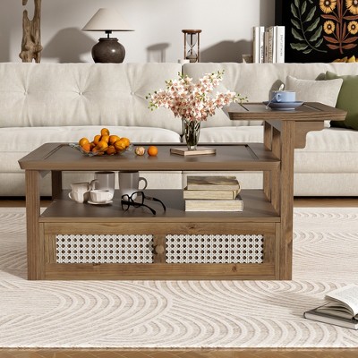 Modern Coffee Table with Storage, Rectangle Center Table with Drawers & Open Shelf, Accent Cocktail End Table for Living Room Bedroom Office