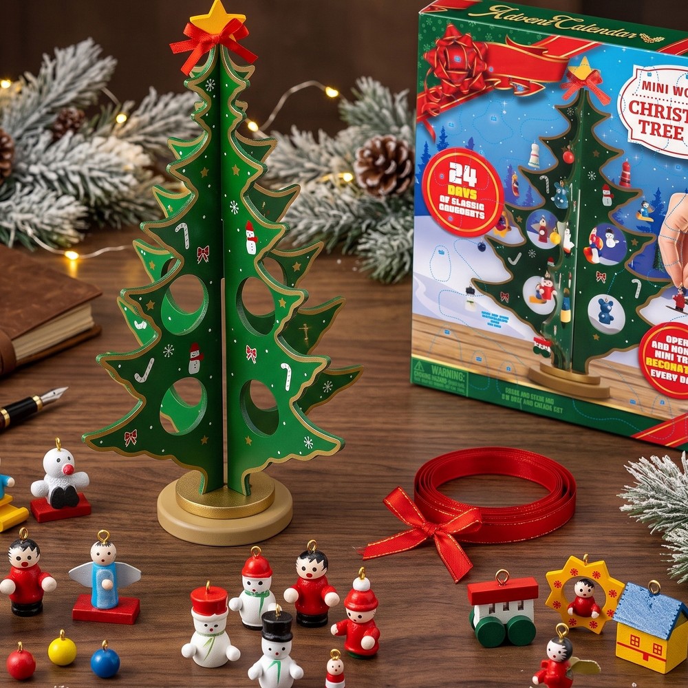 Miniature Wooden Christmas Tree with 24 Ornament Windows to Open and Hang Through December