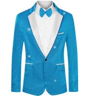 Lars Amadeus Men's Shiny Color Block Collared Party Metallic Blazer with Bow Tie