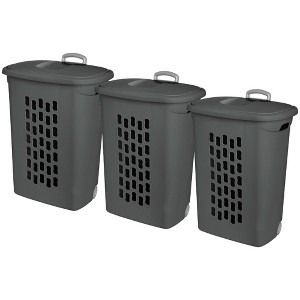 Sterilite Ultra Wheeled Hamper, Laundry Basket w/Lid & Handle, Flat Grey, 3 Pack - 1 of 4