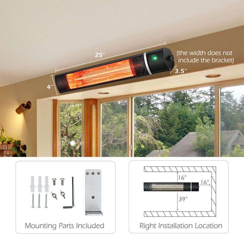 Costway Wall-Mounted Patio Heater 750W/1500W Infrared Heater with 9-Level Adjustable 24H Timer & Remote Control Black, 5 of 10