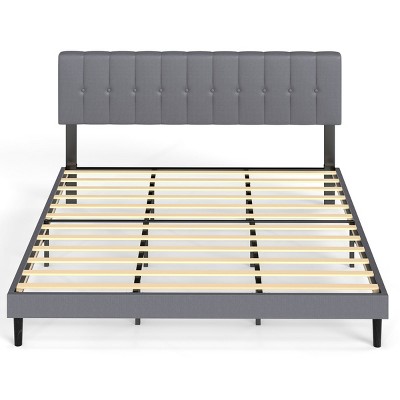 FURNIinspire Beds Modern Queen Size Bed Frame Iron Platform Bed with Soft Headboard, Wooden Bed Board Bedroom Furniture, Grey, 81.77"*59.84"*45.23"