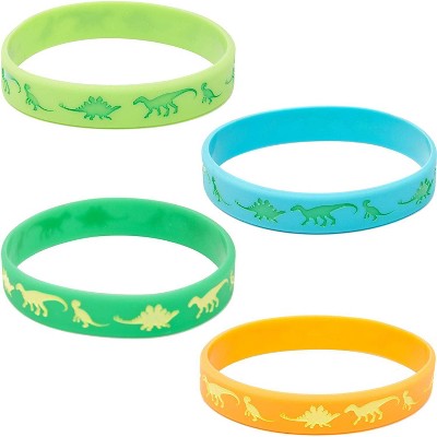 Blue Panda 24-Pack Silicone Bracelets Rubber Wristbands Dinosaur Party Favor for Kids, 4 Colors