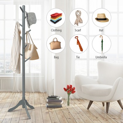 Gray Rubber Wood Adjustable Height Coat Rack with 8 Hooks