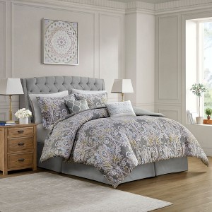 Sapphtopaz 6 Piece Comforter Set Elegant Cotton Sateen Pattern Print with Embroidered Details Reversible Oversized Cotton Quilt Set, Gray - 1 of 4