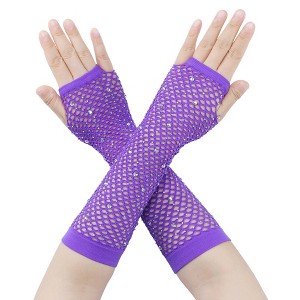 INSPIRE CHIC Women's Long Elastic Mesh Rhinestone Cosplay Net Half Finger Sleeves Gloves for Female Dance Party 1Pair - 1 of 4