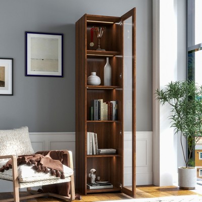 Runesay Brown Display Cabinet with Glass Doors, Curio Storage Cabinet with 5 Shelves, Bookcase with LED Lights