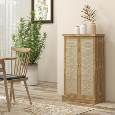 HOMCOM 40.9" Kitchen Pantry Storage Cabinet, Freestanding Kitchen Cabinet with Rattan Doors 5-Tier Shelf 12 Spice Racks Adjustable Shelves Natural