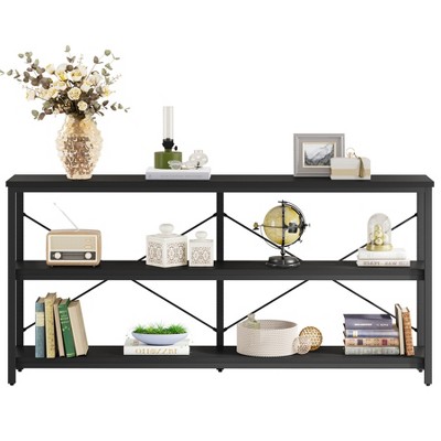 Black 55-Inch Industrial Sofa Table with 3-Tier Storage