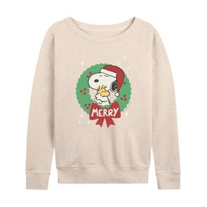 Women's - Peanuts - Merry Christmas Snoopy Lightweight French Terry Wide Neck Long Sleeve Graphic Shirt - 1 of 4