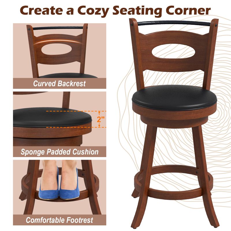 Tangkula Set of 4 360° Swivel Bar Stools Dining Chairs Rubber Wood Leather Padded Seat Brown & Black, 2 of 6