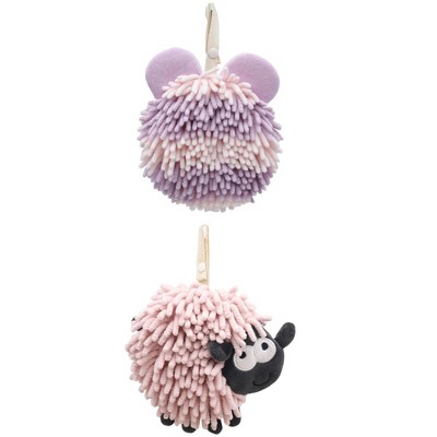 REGALWOVEN 2 Packs Chenille Fuzzy Ball Bathroom Sheep Shape Absorbent Fast Drying Hand Towels 7" x 7"