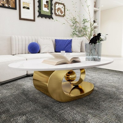 QingMoon Marble Coffee Table, Oval Centre Table with Stainless Steel Base and Resistant Rock Slab Tabletop for Living Room, Office