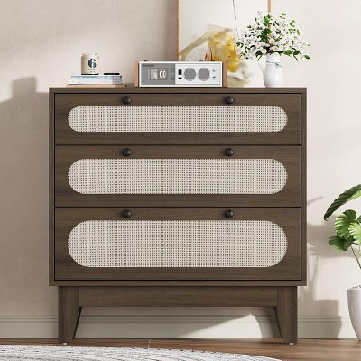 Rattan Dresser for Bedroom, 3 Drawers Dresser for Closet, Chests of Drawers, Oak Storage Dressers Cabinet for Bedroom, Living Room, Entryway