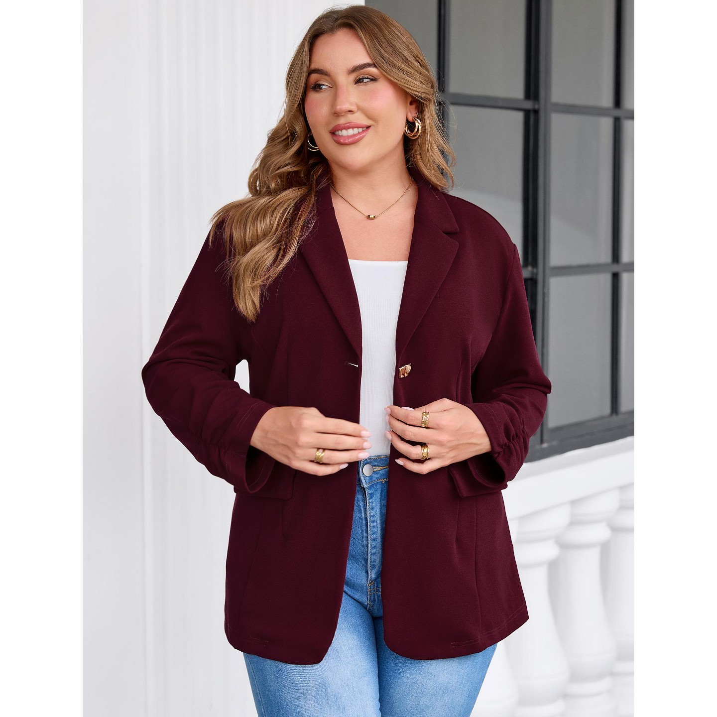 Женские кардиганы YesFashion Women Plus Size Blazer Jacket, Notched Lapel One‑Button Open Front Cardigan, 3/4 Ruched Sleeve Business Casual Outerwear, XL, Wine Red, цвет: Винный — фото 4
