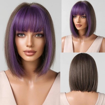 Jessie's Wig 10 Inch Short Bob Wig With Bangs Synthetic Hair Purple Color Highlight 1 Pc/Pack