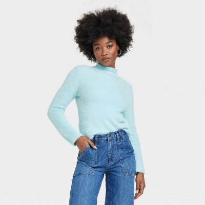 Women&#39;s Fuzzy Mock Turtleneck Pullover Sweater - Universal Thread&#8482; Blue XS