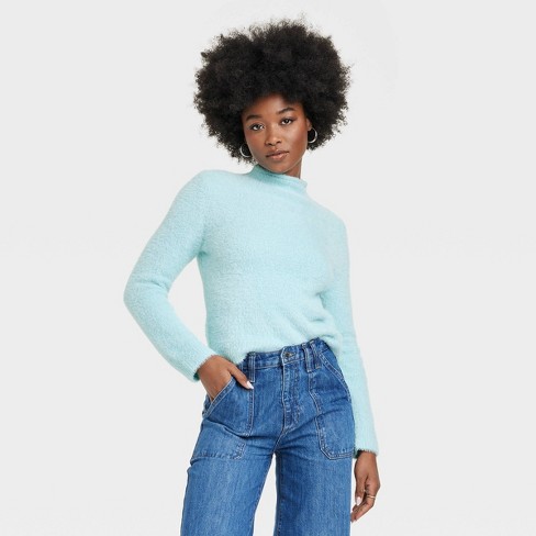 Women's Fuzzy Mock Turtleneck Pullover Sweater - Universal Thread™ Blue M :  Target