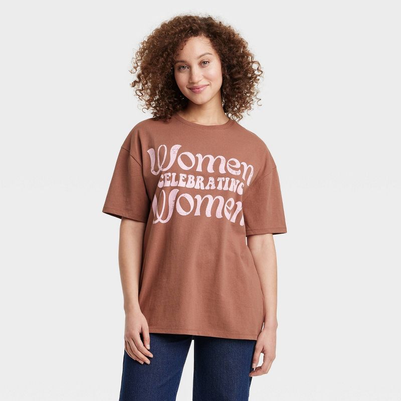 Women's Women Celebrating Women Short Sleeve Graphic Oversized T-Shirt - Brown, 1 of 6