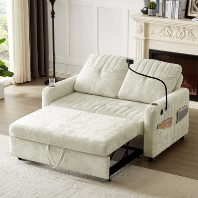 Vynxaria Pull-Out Loveseat Sofa Bed w/ 3-Position Backrest, USB Ports, Cup/Phone Holders, Side Pockets, Soft Chenille and Foam