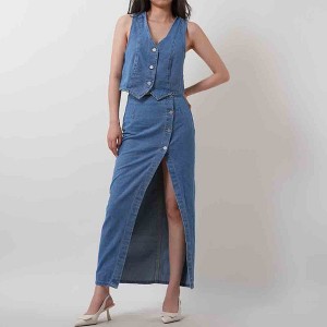 Breathable Denim Vest & Split Hem Skirt Set - Sleeveless with Button Front & Casual Fit Cherie Code - 1 of 4