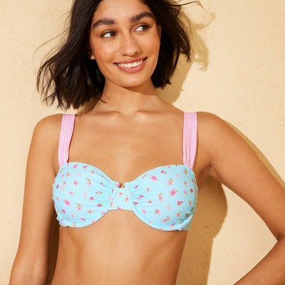 Wild Fable Demetra Dias with Wild Fable Women's Floral and Pink Gingham Wide Strap Underwire Bikini Top - Blue S — фото 3