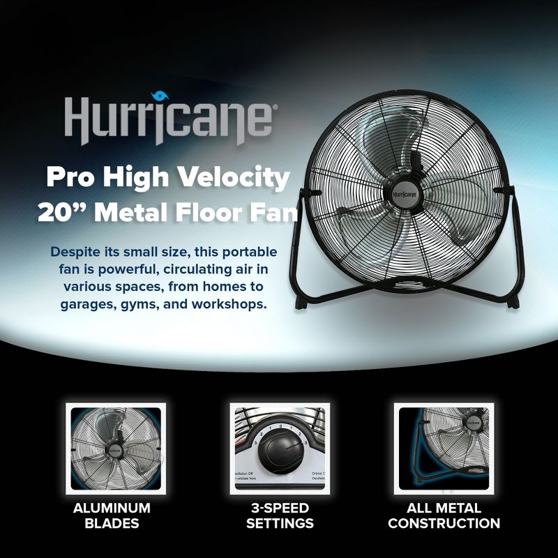 Hurricane Pro 20 Inch Aluminum High Velocity Heavy Duty Metal Floor Blade Fan with 3 Customizable Speed Settings and Adjustable Tilt, Black, 2 of 7