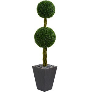 Nearly Natural 5-ft Double Ball Boxwood Topiary Artificial Tree in Slate Planter UV Resistant (Indoor/Outdoor) - 1 of 2