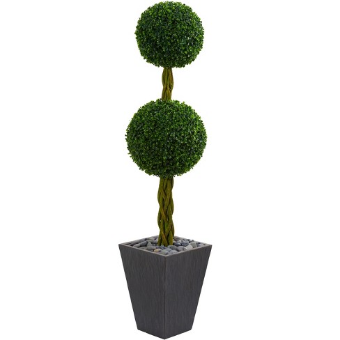 Nearly Natural 5-ft Double Ball Boxwood Topiary Artificial Tree in Slate Planter UV Resistant (Indoor/Outdoor) - image 1 of 2