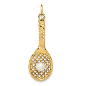 Black Bow Jewelry 14k Yellow Gold FW Cultured Pearl 3D Tennis Racquet & Ball Pendant - 1 of 4