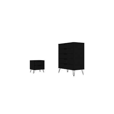 Rockefeller 5 Drawer Dresser and 2 Drawer Nightstand Set Black - Manhattan Comfort