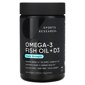 Sports Research Omega-3 Fish Oil + D3, Triple Strength , 1,040 mg & 62.5 mcg (2,500 IU), 120 Softgels - 1 of 2