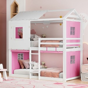 Twin/Full Size Bunk Wood House Bed with Tent, Fun Playhouse Design for Kids - ModernLuxe - 1 of 4