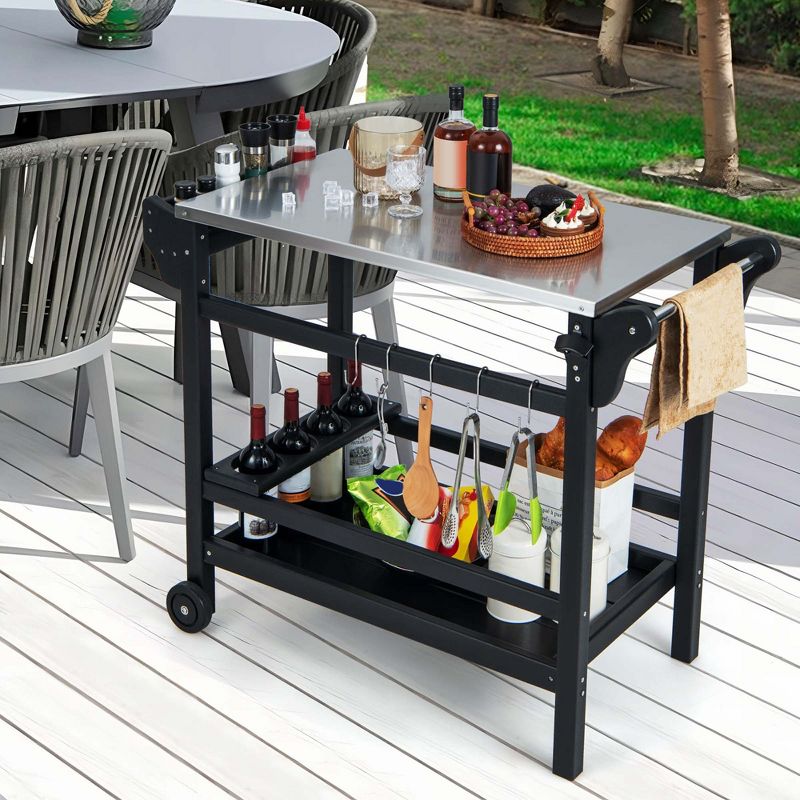 Costway Movable Outdoor Dining Cart Table with Stainless Steel Tabletop, Seasoning Tray, 2 of 11