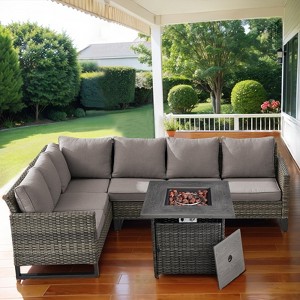 Buenhomino 4 Pieces Outdoor Patio Furniture Set with 30" 50000BTU Fire Pit Table, Rattan Patio Sectional Sofa Conversation Set with Propane Fire Pit - 1 of 4