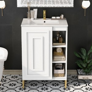 LOVMOR 24inch White Bathroom Vanity Sink Combo for Small Space, Modern Design with Ceramic Basin, Gold Legs and Semi-open Storage(Faucet Not Included) - 1 of 1