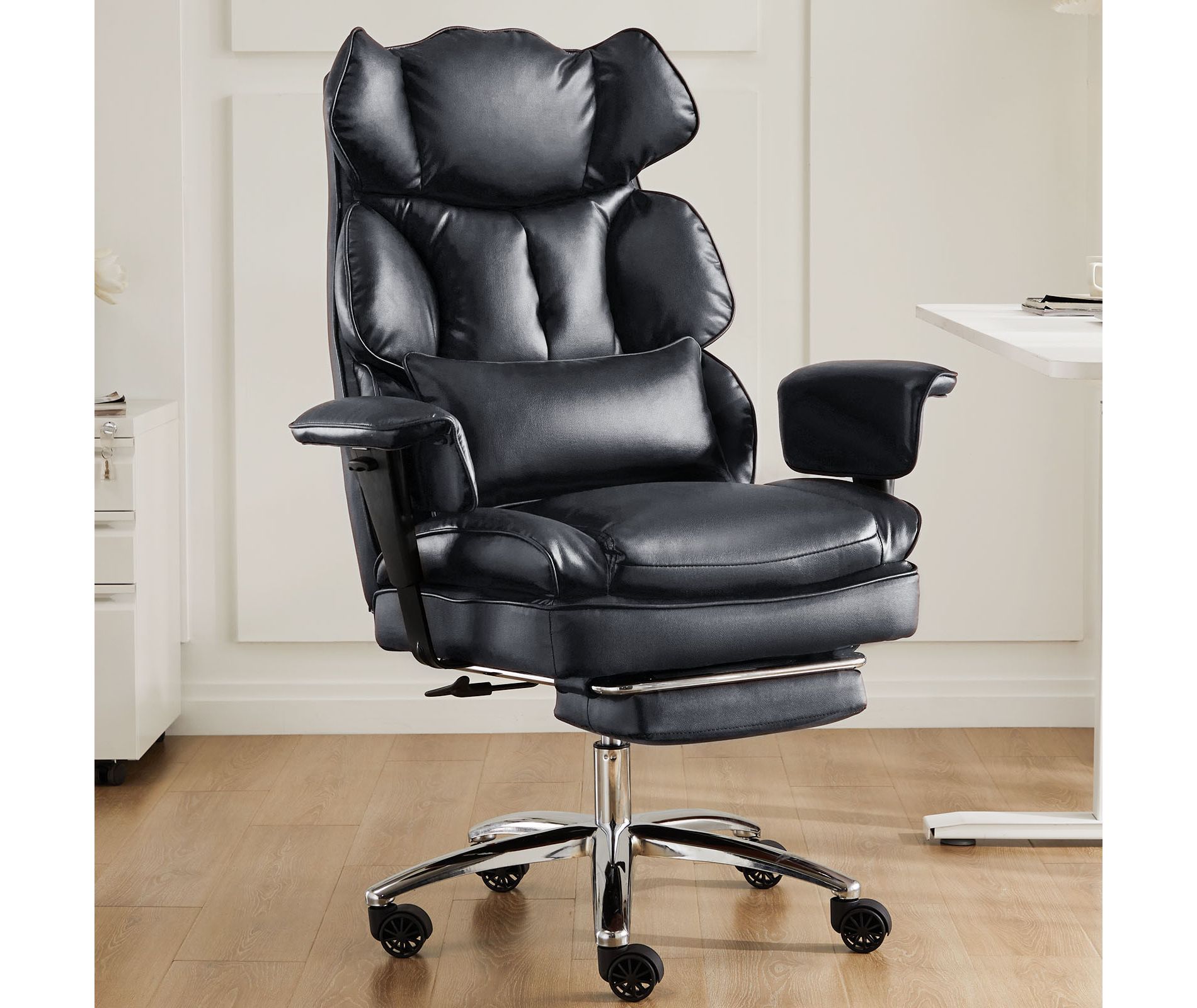 Bestier Executive Office Chair, PU Leather Big and Tall Office Desk Chair with Footrest Lumbar Support, Adjustable Reclining Height, Black