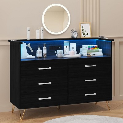 Dresser for Bedroom with LED Light & Charging Station, 6 Drawers Wooden Dressers with Open Space, Modern Chest of Double Wide Drawers