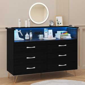 Dresser for Bedroom with LED Light & Charging Station, 6 Drawers Wooden Dressers with Open Space, Modern Chest of Double Wide Drawers - 1 of 4