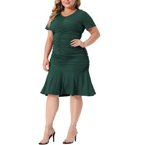 Agnes Orinda Women's Plus Size Regular Fit Ruffle Hem V-Neck Short Sleeve Ruching Bodycon Dress - 1 of 4