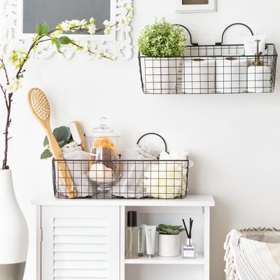 Vintage Black Small Rectangular Wire Wall Baskets, Set of 2
