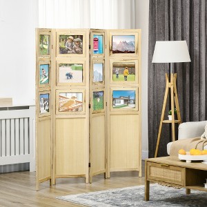 Gulches 4 Panel Room Divider, 5.6' Indoor Wood Portable Folding Privacy Screens with Photo Frames ,Freestanding Wall Dividers for Home Office, Natural - 1 of 4